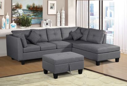 Sectional Sofa Set for Living Room with Right Hand Chaise Lounge and Storage Ottoman (Grey)