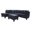 Three Piece sofa with three-seat sofa, one  Left chaise lounge, one  storage ottoman, seven  back cushions two  throw pillows (BLACK PU)