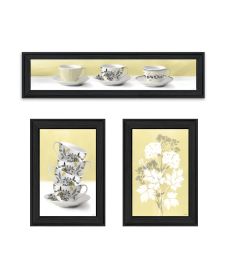 "Tea Cups & Yellow Flowers " 3-Piece Vignette by Artisan House Fenway,, Ready to Hang Framed Print, Black Frame