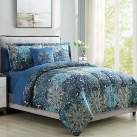 8 Piece Reversible Bed in a Bag, Deep Blue Damask, Granada, Queen