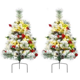 Set of 2 Outdoor 24 Inch Battery Powered Pre-lit Pathway Flocked Christmas Trees