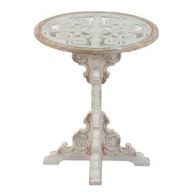 24x28.5" Round Wooden Carved Table, Distressed White Finish Design