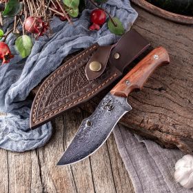 Damascus Steel Knife With Leather Sheath Hand Put Cattle And Sheep Cutting Meat Fruit Knife Outdoor Portable (Option: Style A)