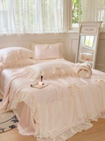 Pure Color Ruffles Princess Style Summer Quilt Tencel Summer Cooling Duvet Airable Cover Four-piece Set (Option: Light Pink-Single Summer Quilt 200 × 230)