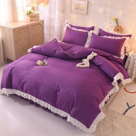 Princess Style Girl Brushed Multicolor 4-piece Set Quilt Cover Sheet Pillowcase Spring Autumn Winter Solid Fleece Thick Bedskirt (Color: deep purple)