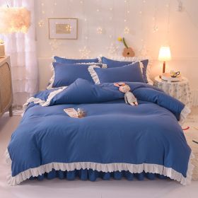 Princess Style Girl Brushed Multicolor 4-piece Set Quilt Cover Sheet Pillowcase Spring Autumn Winter Solid Fleece Thick Bedskirt (Color: Dark Blue)