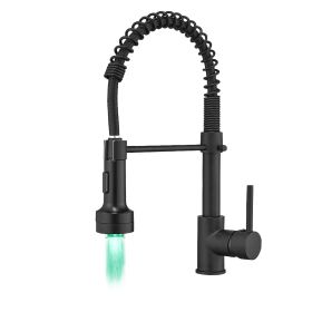 New Single Handle Pull-Down Sprayer LED Kitchen Faucet (Color: Matt Black)