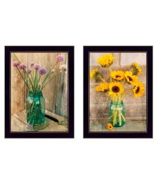 "Country Sunflowers & Chives" 2-Piece Vignette by Anthony Smith, Ready to Hang Framed Print, Black Frame (Color: as Pic)