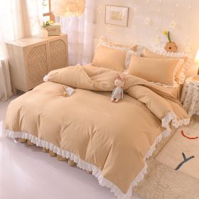 Princess Style Girl Brushed Multicolor 4-piece Set Quilt Cover Sheet Pillowcase Spring Autumn Winter Solid Fleece Thick Bedskirt (Color: beige)