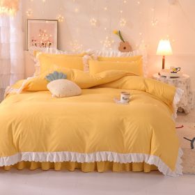 Princess Style Girl Brushed Multicolor 4-piece Set Quilt Cover Sheet Pillowcase Spring Autumn Winter Solid Fleece Thick Bedskirt (Color: Yellow)