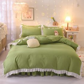 Princess Style Girl Brushed Multicolor 4-piece Set Quilt Cover Sheet Pillowcase Spring Autumn Winter Solid Fleece Thick Bedskirt (Color: Green)