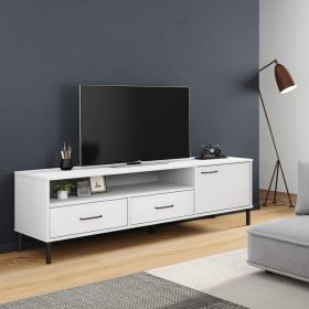 TV Cabinet with Metal Legs White Solid Wood Pine OSLO (Color: White)